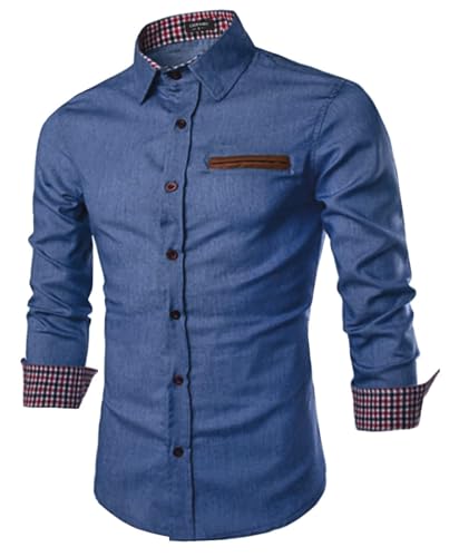 Image of COOFANDY Mens Denim Shirt Long Sleeve Casual Dress Shirt Slim Fit Cowboy Shirts Cotton Button Down Work Shirts with Plaid Collar Sky Blue L
