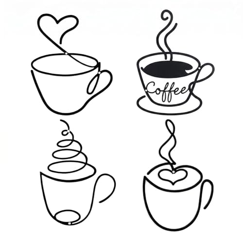 Deko Küche 4 Stück Metall Wanddeko, Kaffeetasse Küchen Deko, Moderne Schwarze Eisenwand Kunst für Wohnzimmer, Flur, Bad, Café & Restaurant
