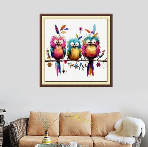 Image of DMCVIVR Stamped Cross Stitch Kits for Beginners Adults Needlepoint Kits for Beginners Embroidery Kits for Adults Crossstitch Kit for Beginners 11CT-Three Colorful Birds 18x18 inch