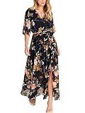 ANRABESS Womens 1/2 Sleeve Beach Wedding Guest Maxi Dresses 2025 Fall Wrap V Neck Boho Floral Flowy Slit Long Summer Dresses Floral Black Yellow X-Large
