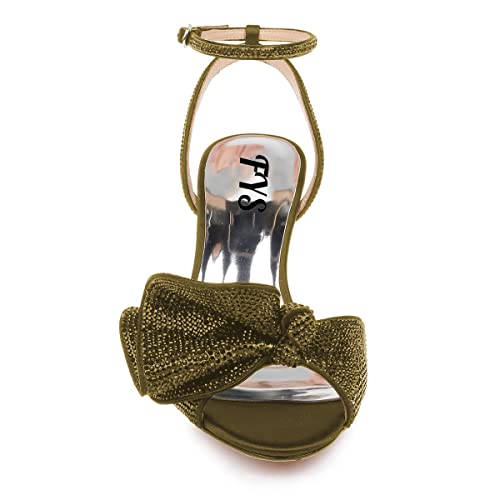 FYS Women Cute Rhinestones Bow Peep Toe Low Kitten Heel Ankle Strap Sandals Satin Dress Pumps Wedding Banquet Ladies Shoes Size 4-15 US3