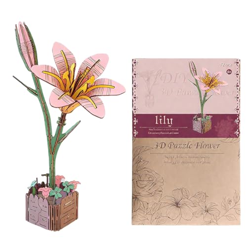 EIH1 Bonsái de Madera en 3D, Puzzle Pink Lilies, Kit de Modelo de Flores para Adultos, decoración del hogar, regalos creativos para adultos y niños, cumpleaños, Halloween y Navidad