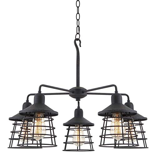 Kira Home Rowan 26" 5-Light Rustic Farmhouse Chandelier + Metal Cage Shades, Industrial Hanging Light for Foyer, Dining Room, Kitchen,Textured Black Finish