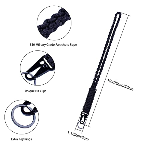 Heavy Duty Braided 550 Paracord Neck Lanyard Keychain for Men Women Outdoor Survival, Parachute Rope Necklace Keychains with HK Clip Key Ring for ID Card Badge Holder, Camera, Wallet and Keys (Black)
