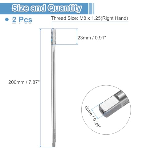 Miniatura 2 de Quarkzman 2pcs Machos De Roscar De Flauta Recta, M8 X 1.25 H2 200mm Extra Largo, Herramientas De Roscado Métrico Para Máquinas De Tornillos, Acero Rápido 6542 Hss 6542