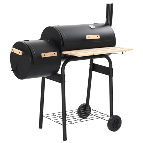 Kaloriko Barbacoa clásica de carbón vegetal con termómetro, 103 x 60 x 113 cm, marco de acero, 3 rejillas cromadas, mesa de madera, ideal para jardín, terraza, camping, sin humo y extraíble