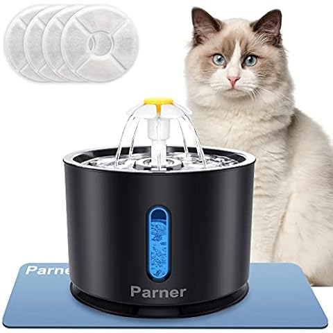 Parner Cat Fountain, Drinking Fountain, Water Dispenser for Cats with Water Level Window, 2.4 L Cat Water Fountain Stainless with 4 Hygiene Filter and 1 Silicone Mat for Pets with LED Light, Black Cover