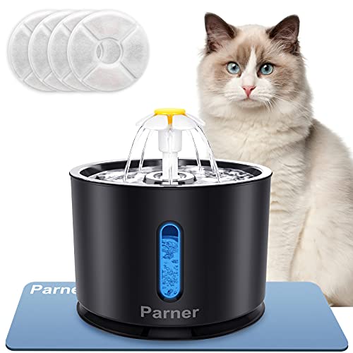 Parner Fontaine à Eau pour Chat - avec fenêtre de Niveau d'eau - 2,4 l - en Acier Inoxydable - avec 4 filtres hygiéniques et 1 Tapis en Silicone pour Animaux de Compagnie avec lumière LED - Noir