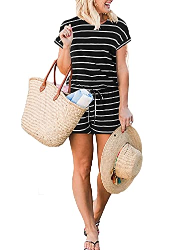 Anrabess Ladie Summer Beach Rompers Casual Short Sleeve Crewneck Striped Short Pants Jumpsuit With Pockets A233-Heibai-M #TOP1