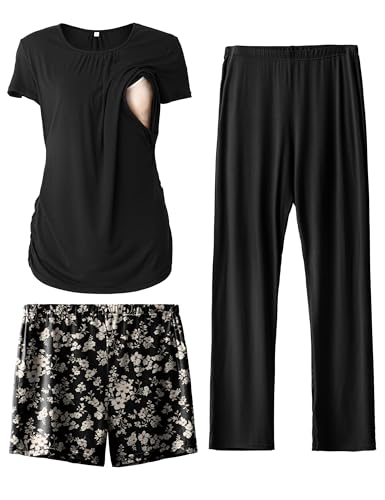 Image of SUNNYBUY Womens Maternity Nursing Pajamas Set, Short Sleeve Breastfeeding Shirts，Pregnancy Shorts & Pants 3 Piece Nursing PJS