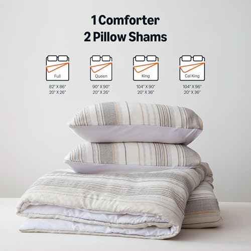 Image of Amazon Basics Comforter Set, 3-Piece Jacquard Comforter and 2 Pillow Shams, All-Season Bedding, King, Beige Striped