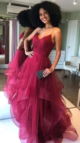 Women's Sparkle Tulle Prom Dresses V Neck Spaghetti Straps Ball Gowns Long Fluffy Layered Formal Evening Dress3