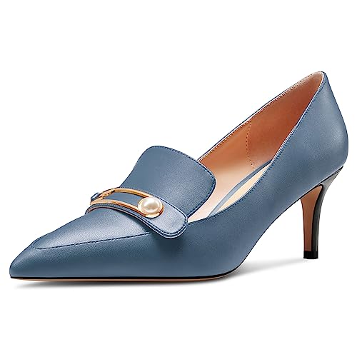 HEUIVZAR Womens Mid Kitten Heel Pointed Toe Slip-on Pumps Pearls Buckle Party Dress 2.6 Inches Heels