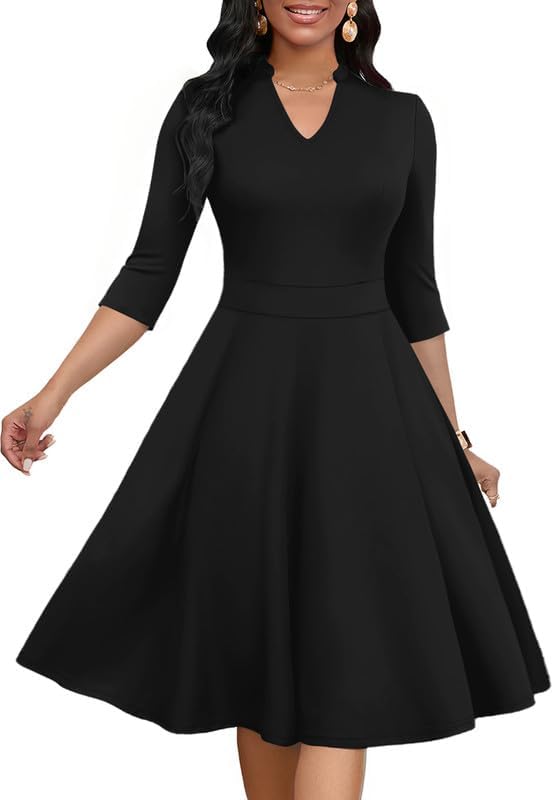 MarryUP Church Dress for Women V Neck 3/4 Sleeve Midi Causal Cocktail Party A-Line Dresses with Pockets