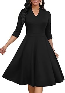 Church Dress for Women V Neck 3/4 Sleeve Midi Causal Cocktail Party A-Line Dresses with Pockets