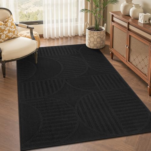Findosom Washable Area Rug 3x5, Geometric High-Low Textured Rug, Black