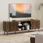 Smart FENDEE 63-Inch TV Stand for TVs up to 70 Inch, Mid-Century Modern Television Stand, Entertainment Center with Fluted Doors Cabinets and Open Shelves for Living Room, Walnut
