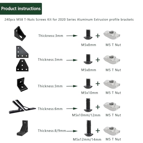 240 pcs M5 T Nut Screws Kit for 2020 2040 2080 Aluminum Extrusion, 120 pcs Black M5x8/10/12/14mm Hexagon Socket Screws and 120 pcs M5 Drop in T-Nuts with 1 pcs Hex Wrench - Thumbnail 3
