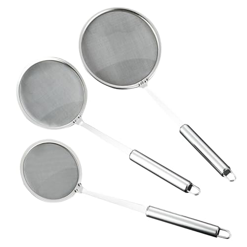 Pouway 3PCS Fine Mesh Strainer Spoon, Stainless Steel Deep Fat Fryer Skimmer Spoon,Oil Filter Skimmer Strainer Spoon Mesh Ladle Kitchen Tools for Hot Pot Deep Fat Fryer Skims Fat Scums, WW-0253