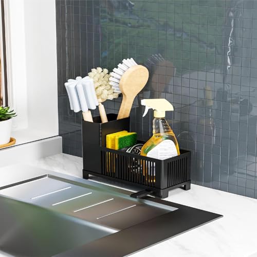 Sink Caddy & Kitchen Sink Organizer,Black Sponge Holder with High Scrub Brush Holder,Plastic Kitchen Countertop Organizer,Multipurpose Sponge Drain Rack,Dish Soap,Dish Sponge Holder,Soap Dispenser,1Pc