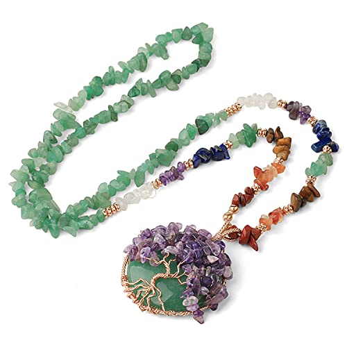 Collar espiritual de árbol de la vida para mujer, colgante de piedra natural, chakra reiki con caja de regalo (aventurina verde)
