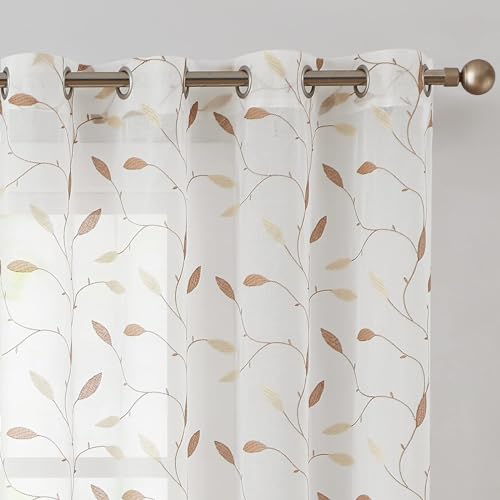 jinchan Linen Blend Sheer Curtains for Living Room 63 Inch Length, Taupe Voile Linen Curtains for Bedroom, Light Filtering Farmhouse Window Drapes, Open Weave Drapes Sets Rod Pocket, 2 Panel