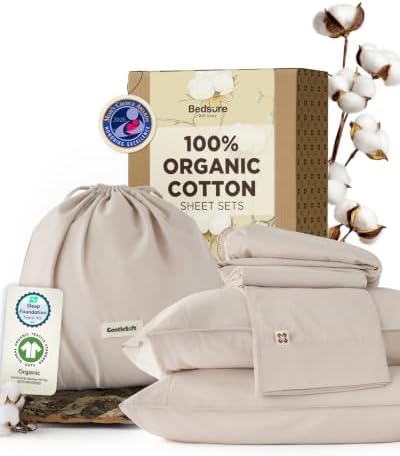 Bedsure PureWoven 100% GOTS Certified Organic Cotton Sheets, Queen Size | Eco-Friendly, 17" Deep Pocket with Corner Straps, Luxury Hotel Soft, Breathable & Durable Fall Bed Sheets, OEKO-TEX, Linen