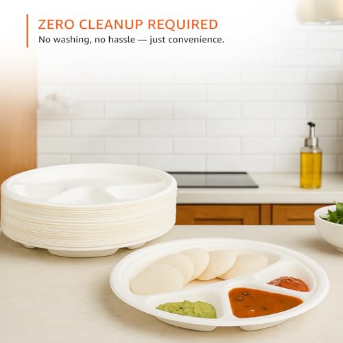 Image of Amazon Basics 4-Compartment Bagasse Disposable Round Plates | 11 Inch - Pack of 50 | Biodegradable | Leak-Resistant | Hot & Cold Food Safe | Eco-Friendly | Party, Weddings, Birthdays, Events