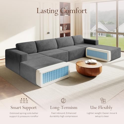 Image of Vesgantti 159 inch Large Modular Sectional Sofa, U-Shaped Corduroy Cloud Couch with Deep Seats & Spring Support, 4-Seater Boneless Sofa with 2 Movable Ottomans, No Assembly Needed, Grey