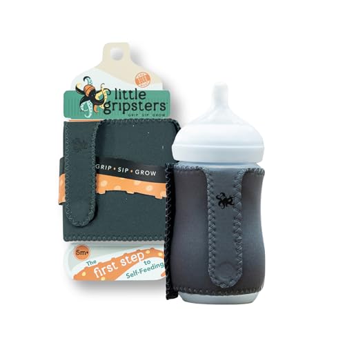 Little Gripsters Baby Bottle Sleeve for Self-Feeding - Neoprene Baby Bottle Cover for Infants & Toddlers - BPA-Free, Adjustable Velcro Fit - for Ages 5 to 18 Months - Machine Washable (Pebble Grey)