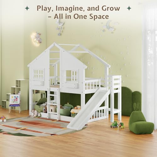 Image of Jocisland Twin Over Twin Bunk Bed with Slide and Ladder, Solid Wood, White | Play House Bunk Bed, 14 inch Safety Guardrails, Window Box Shelf, No Box Spring Needed, Noise-Free, Easy assembly
