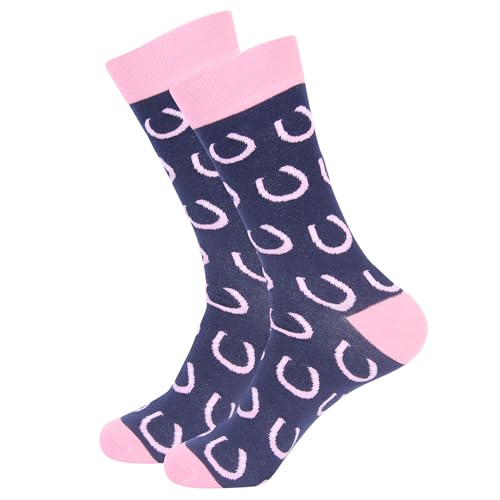 Barrel Down South Mint Julep Socks - Derby Gifts For Men - Kentucky Horse Racing - Unique Novelty Fashion Dress Sock - (Blend, Navy/Pink Horseshoe Socks)