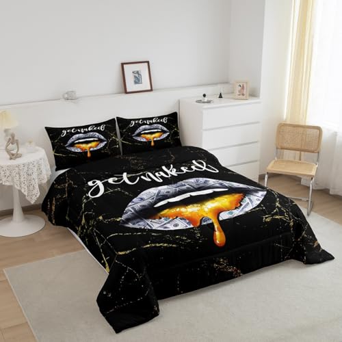 Image of Feelyou Get Naked Lips Bedding Set Full, US Dollars Black Gold Comforter Set Sexy Lips Comforter for Kids Black Golden Marble Duvet Set with 2 Pillow Case