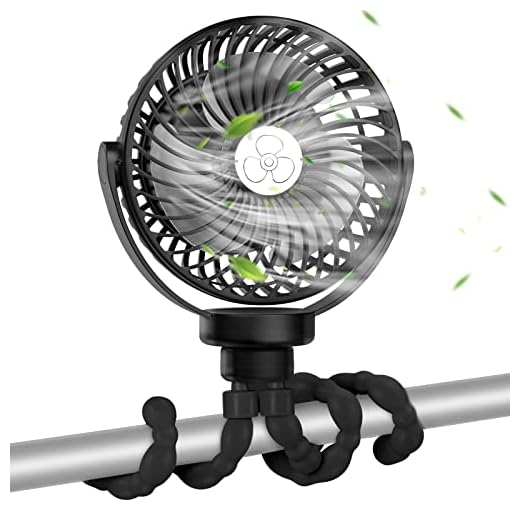VASG 5200mAh Battery Operated Stroller Fan, Handheld Mini Fan clip on fan with Flexible Tripod, Battery Powered Baby Fan, 3 Speeds Rotatable Personal Fan for Crib Bike Car Seat, Black