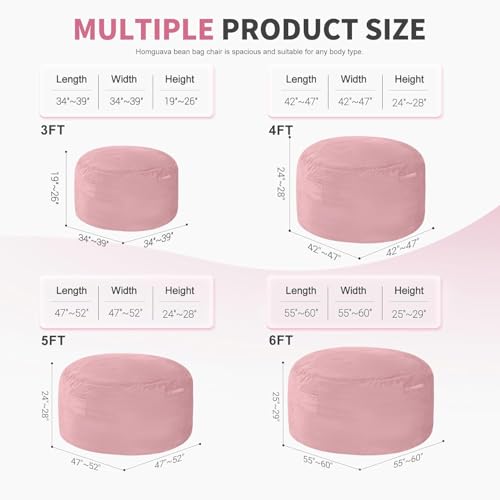 Homguava 3FT Bean Bag Chair: 3' Bean Bags with Memory Foam Filled, Large Beanbag Chairs Soft Sofa with Dutch Velet Cover-Light Pink