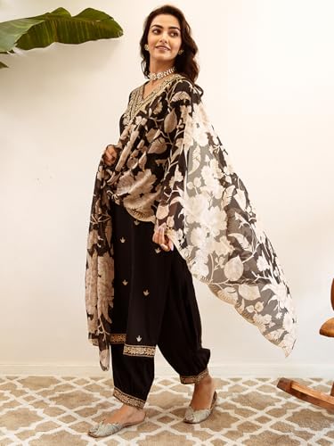 Image of INDO ERA Women's Rayon Viscose Rayon Embroidered Straight Kurta & Salwar with Dupatta Set