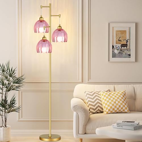 Image of ZECOXOL Dimmable Floor Lamps for Living Room-3 Light Gold Vintage Floor Lamp with Glass Lampshape & Three Bulbs,Modern Mid Century Standing Lamp Green Flower Tall Tree Floor Lamp for Bedroom Corner