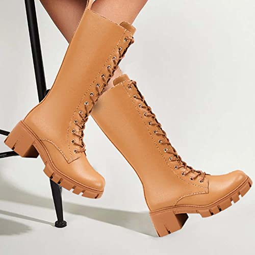 Tinstree Women Mid Calf Boots Low Heel, Women's Knee High Platform Boots Buckle Leather Combat Lace Up Booties,Side Zip-Up Mid-Calf Boots Brown,7 #TOP1