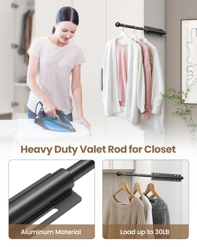 Supforce Valet Rod for Closet Pull Out, Retractable Slide Out Valet Rod Closet Organization, 12\" Aluminum Valet Clothing Hanger Rods Perfect for Suits, Freshly Pressed Clothes, Black