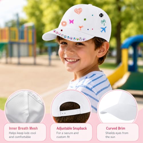 Hpbaggy DIY Casquette de Baseball, 6 Pièces, Casquette Enfant Blanche à Peindre, Casquette DIY pour Enfants avec Autocollants de Pierres Précieuses pour Cadeau d'Anniversaire, Activités Familiales et – vue 4