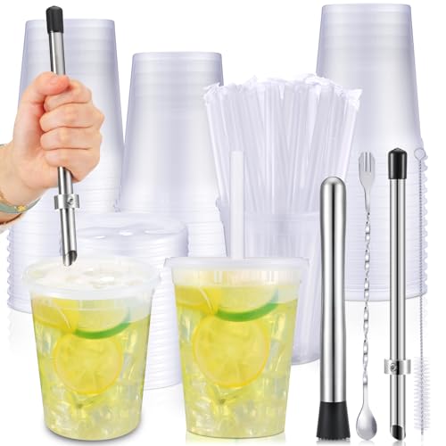 Reallnaive 24 Set Lemonade Cups with Lids Include 32oz Clear Plastic Cups Straw Puncher Straws Lids Juice Blender Stirring Spoon and Eyedropper Brush for Apple Citrus Apple Cider Hot Drinks