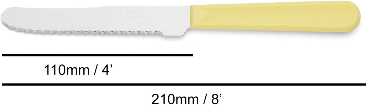 Arcos table knife 802900. Monoblock knife made of one piece of stainless steel, yellow handle and 11 cm (4.33") blade.