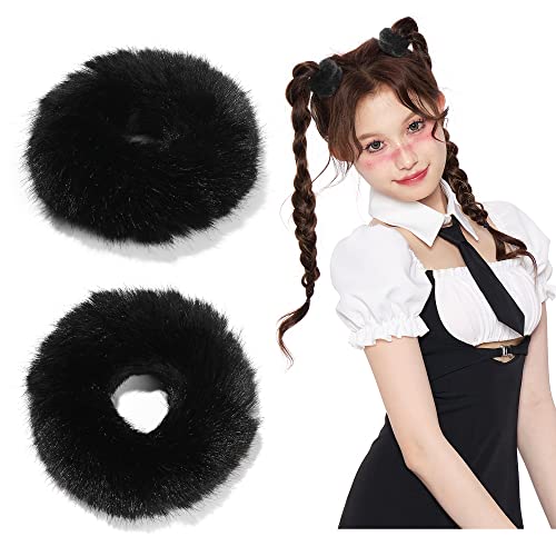 Black Fuzzy Scrunchies Halloween Christmas Scrunchie Hair Accessories Furry Hair Ties For Girls Cute Kawaii Faux Fur Fluffy Ponytail Holder Soft Wristband Costume Decor For Theme Party #TOP8