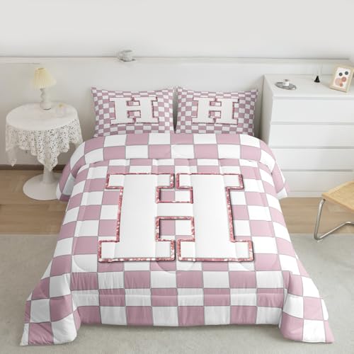 Image of Erosebridal Pink Initial H Comforter Set Queen Kawaii Plaid Checkered Bedding Set Cute Personalized Monogram Comforter for Kids Girls Teen Women,Fashion Grids Gingham Quilt Duvet