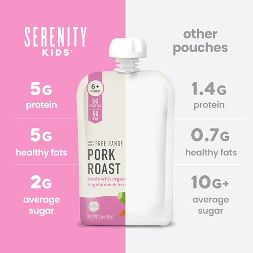 Image of Serenity Kids 6+ Month Pork Baby Food Pouches - Free Range Pork Roast with Bone Broth, Organic Vegetables & Herbs - BPA-Free Food Pouches for Baby - 3.5 Oz, 6 Pack