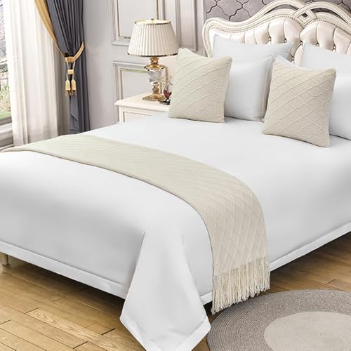 XLDZ Camino de cama de punto suave y agradable al tacto y almohadas a juego con patrón de diamantes, manta para cama de hotel y decoración versátil del hogar (beige, 210 x 60 cm para cama de 1,5 m)