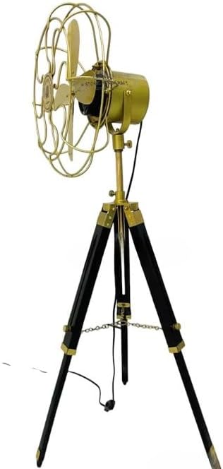 ANTIQUE AURA Vintage Brass Antique Tripod Floor Fan With Wooden Stand Floor Fan Home Décor.