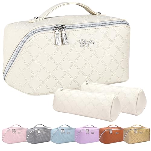 BOYATU Travel Makeup Bags Cosmetic Bags for Women: 3-Pack Leather Make up Bag Waterproof Toiletry Bag - Makeup bag Organizer with Divider