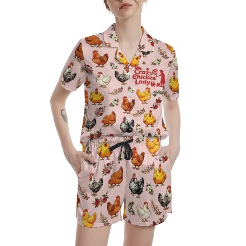 Image of Funny Pajamas for Women Set Print Satin Loungewear Pjs Short Sleeve Button Down Top and Shorts Sets Sleepwear XS-3XL