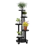 FILWH 5 Tier Plant Stand for Outdoor Indoor Tall Bamboo Movable Flower Stand with Wheels Plant Shelf...